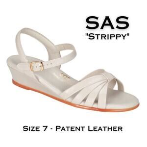 SAS Strippy Leather Sandal 7 White Wedge Heel Dressy Quarter Ankle Strap Comfort